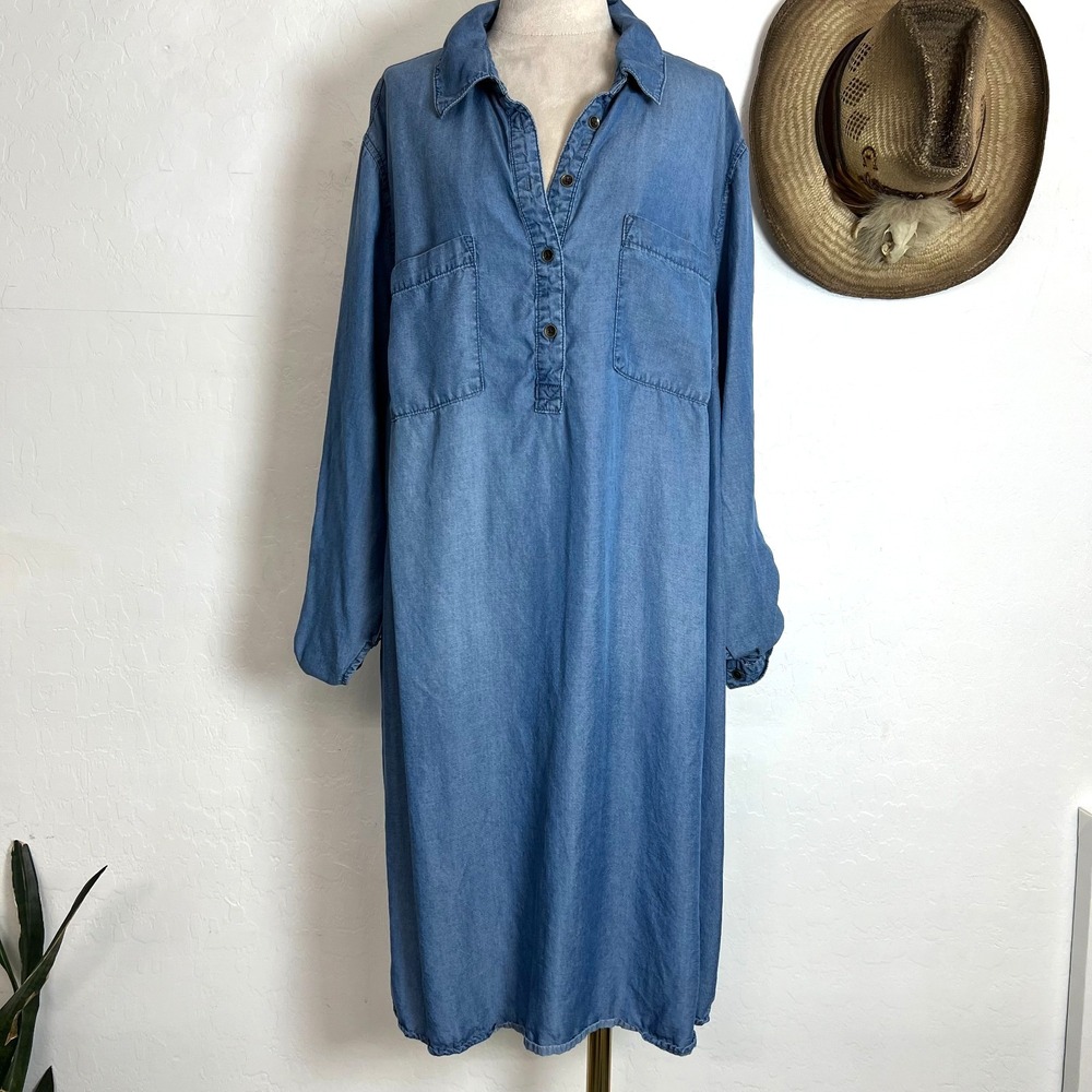 Terra & Sky Blue Lyocell Denim Chambray Shirt Dress Plus Sz 0X 14W Western boho